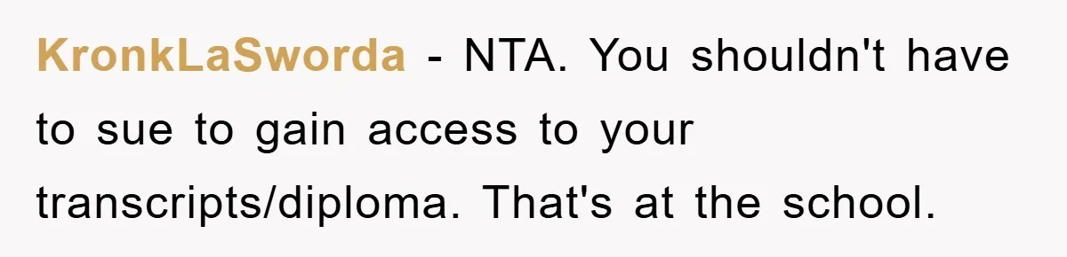 KronkLaSworda − NTA. You shouldn't have to sue to gain access to your transcripts/diploma. That's at the school.