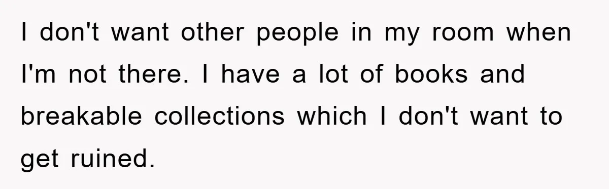 I don't want other people in my room when I'm not there. I have a lot of books and breakable collections which I don't want to get ruined.