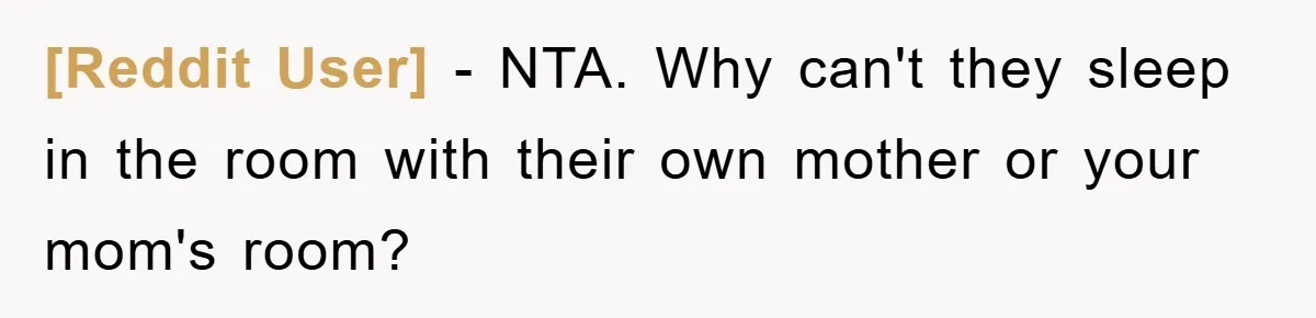 [Reddit User] − NTA. Why can't they sleep in the room with their own mother or your mom's room?