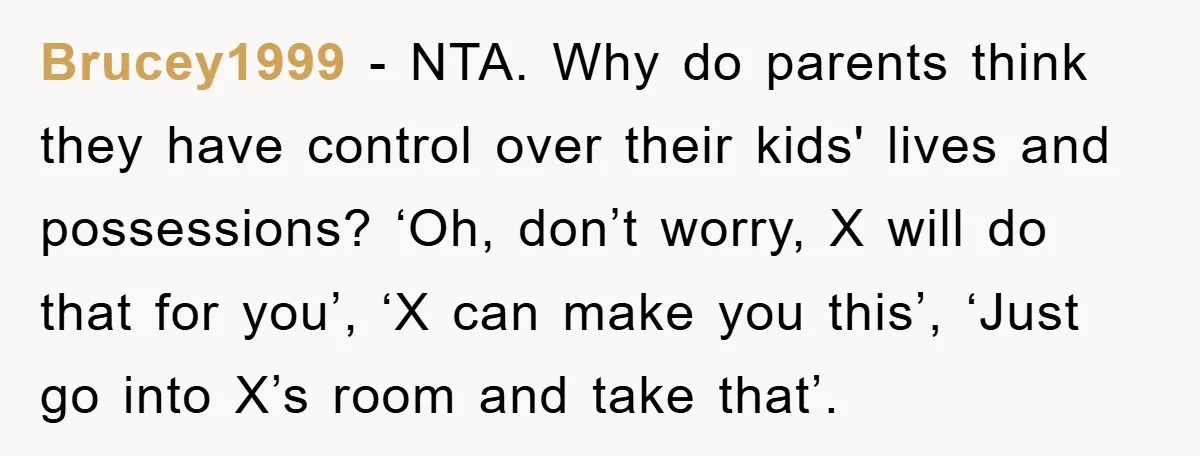Brucey1999 − NTA. Why do parents think they have control over their kids' lives and possessions? ‘Oh, don’t worry, X will do that for you’, ‘X can make you this’,...