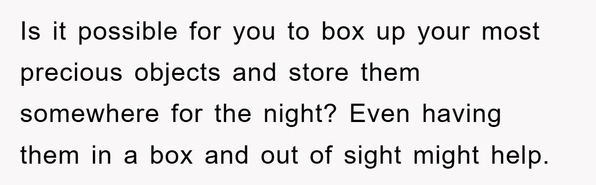 Is it possible for you to box up your most precious objects and store them somewhere for the night? Even having them in a box and out of sight might...