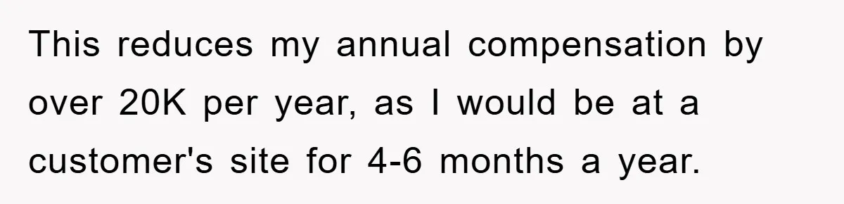 This reduces my annual compensation by over 20K per year, as I would be at a customer's site for 4-6 months a year.