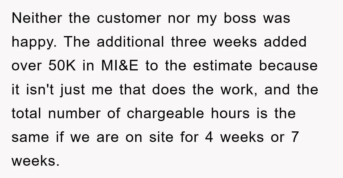 Neither the customer nor my boss was happy. The additional three weeks added over 50K in MI&E to the estimate because it isn't just me that does the work, and...