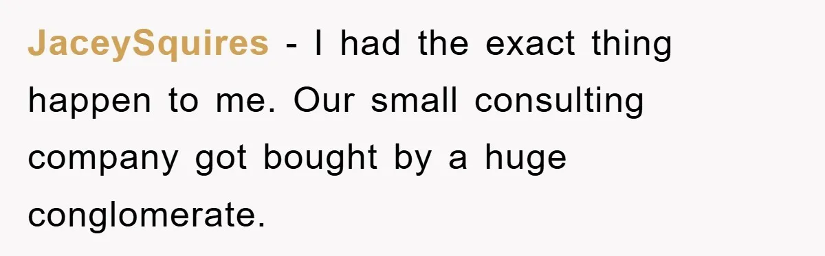 JaceySquires − I had the exact thing happen to me. Our small consulting company got bought by a huge conglomerate.