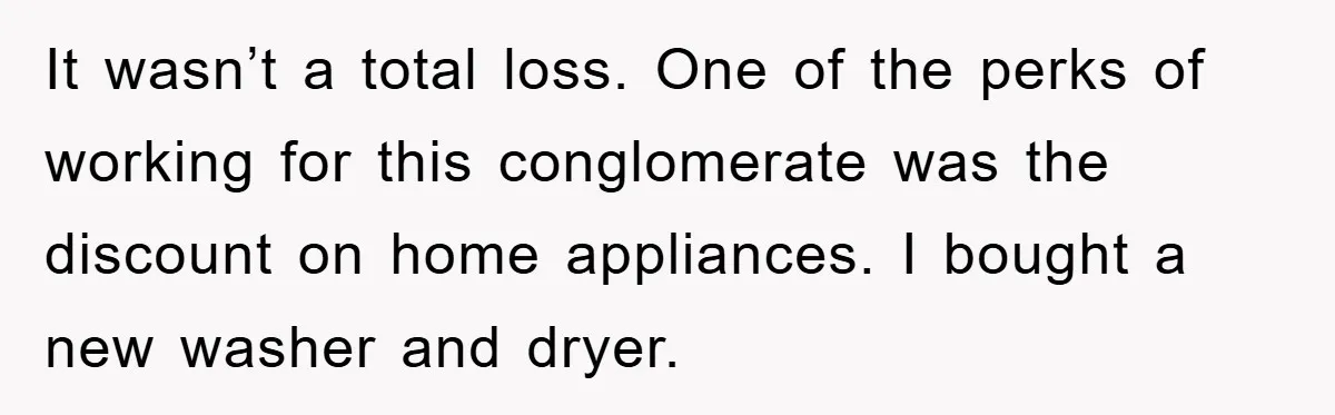 It wasn’t a total loss. One of the perks of working for this conglomerate was the discount on home appliances. I bought a new washer and dryer.