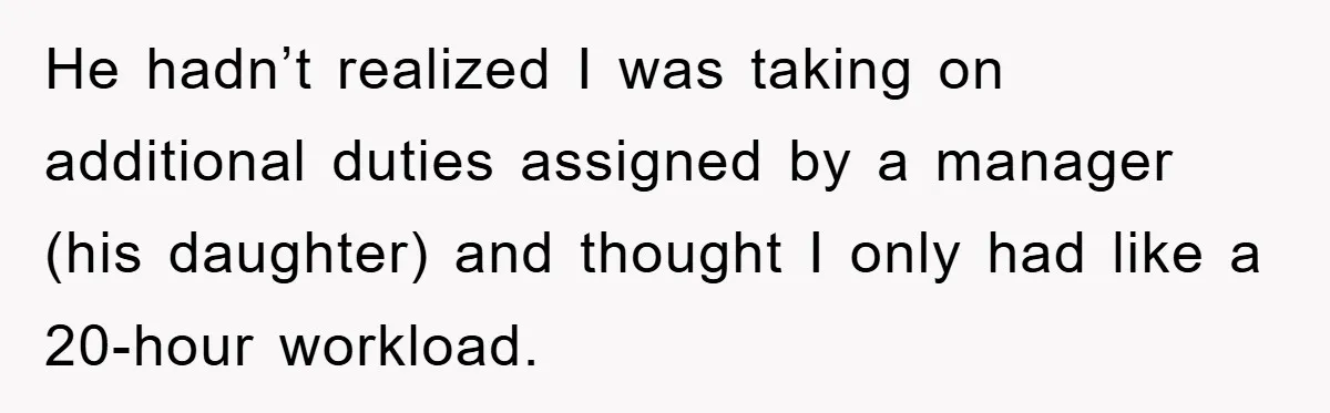 He hadn’t realized I was taking on additional duties assigned by a manager (his daughter) and thought I only had like a 20-hour workload.