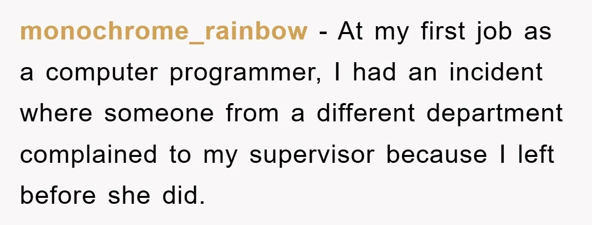 monochrome_rainbow − At my first job as a computer programmer, I had an incident where someone from a different department complained to my supervisor because I left before she did.