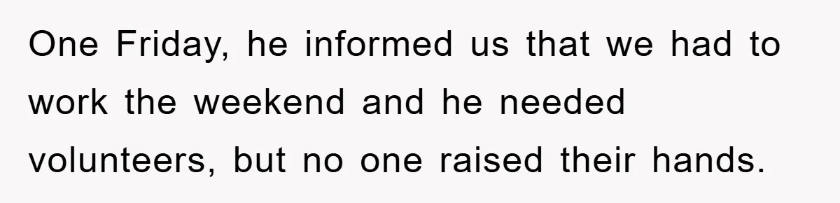 One Friday, he informed us that we had to work the weekend and he needed volunteers, but no one raised their hands.