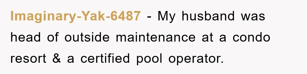 Imaginary-Yak-6487 − My husband was head of outside maintenance at a condo resort & a certified pool operator.