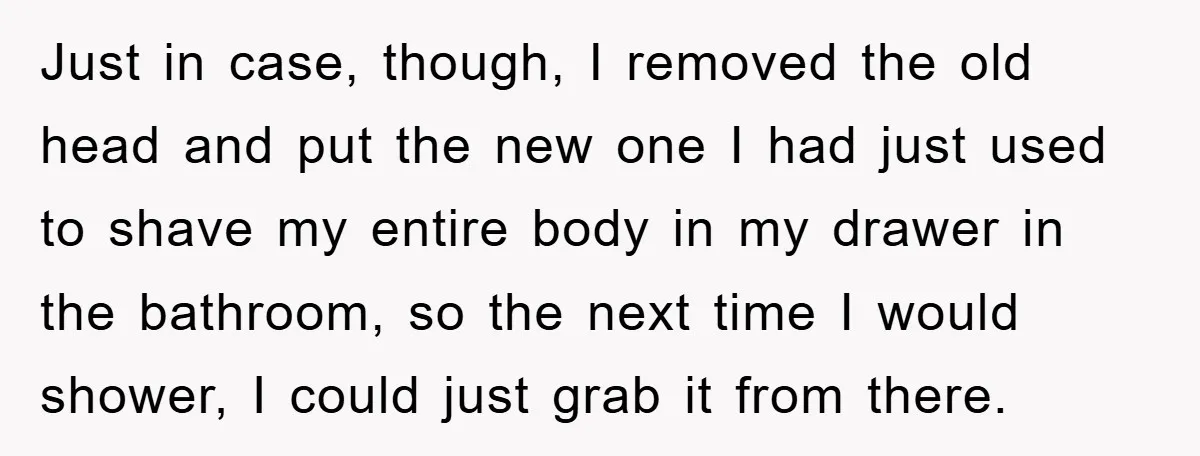 Just in case, though, I removed the old head and put the new one I had just used to shave my entire body in my drawer in the bathroom, so...