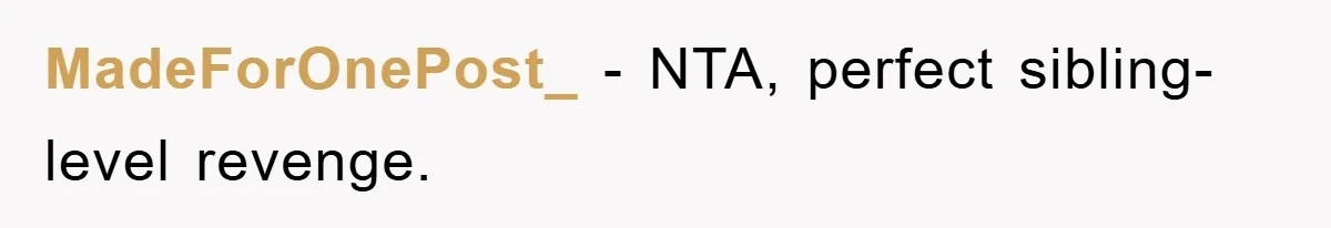 MadeForOnePost_ − NTA, perfect sibling-level revenge.