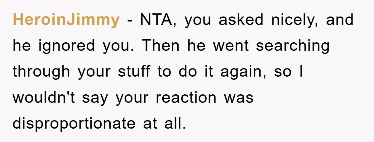 HeroinJimmy − NTA, you asked nicely, and he ignored you. Then he went searching through your stuff to do it again, so I wouldn't say your reaction was disproportionate at...