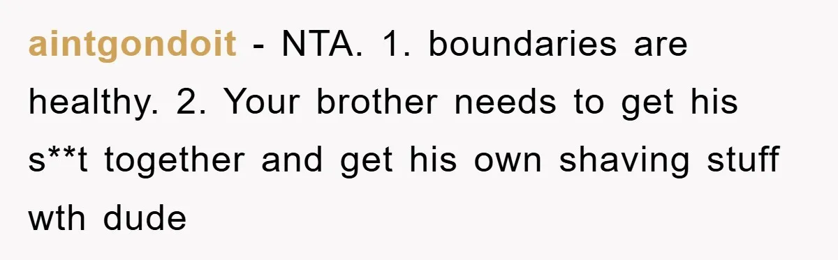 aintgondoit − NTA. 1. boundaries are healthy. 2. Your brother needs to get his s**t together and get his own shaving stuff wth dude
