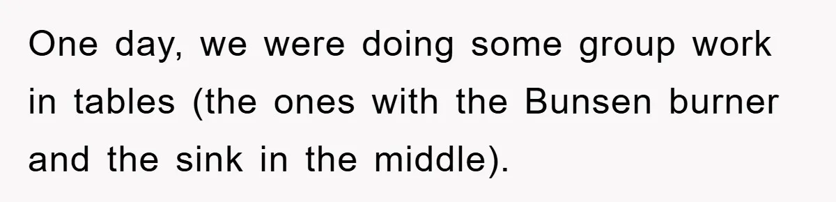 One day, we were doing some group work in tables (the ones with the Bunsen burner and the sink in the middle).