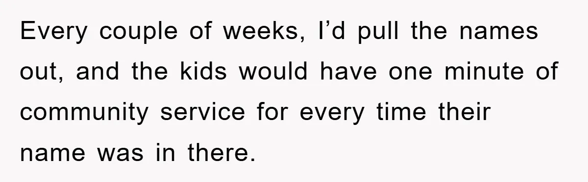 Every couple of weeks, I’d pull the names out, and the kids would have one minute of community service for every time their name was in there.