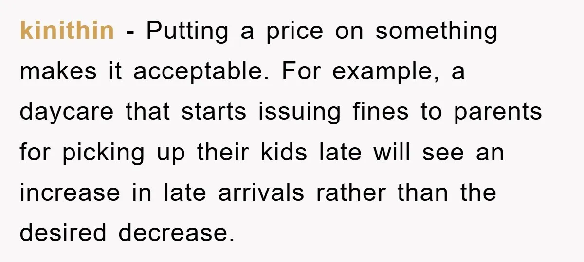 kinithin − Putting a price on something makes it acceptable. For example, a daycare that starts issuing fines to parents for picking up their kids late will see an increase...