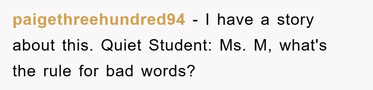 paigethreehundred94 − I have a story about this. Quiet Student: Ms. M, what's the rule for bad words?