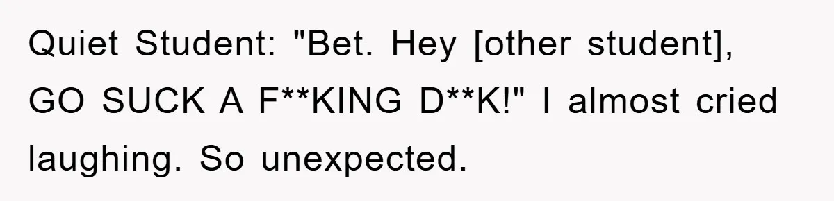 Quiet Student: "Bet. Hey [other student], GO SUCK A F**KING D**K!" I almost cried laughing. So unexpected.