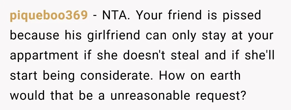 piqueboo369 − NTA. Your friend is pissed because his girlfriend can only stay at your appartment if she doesn't steal and if she'll start being considerate. How on earth would...
