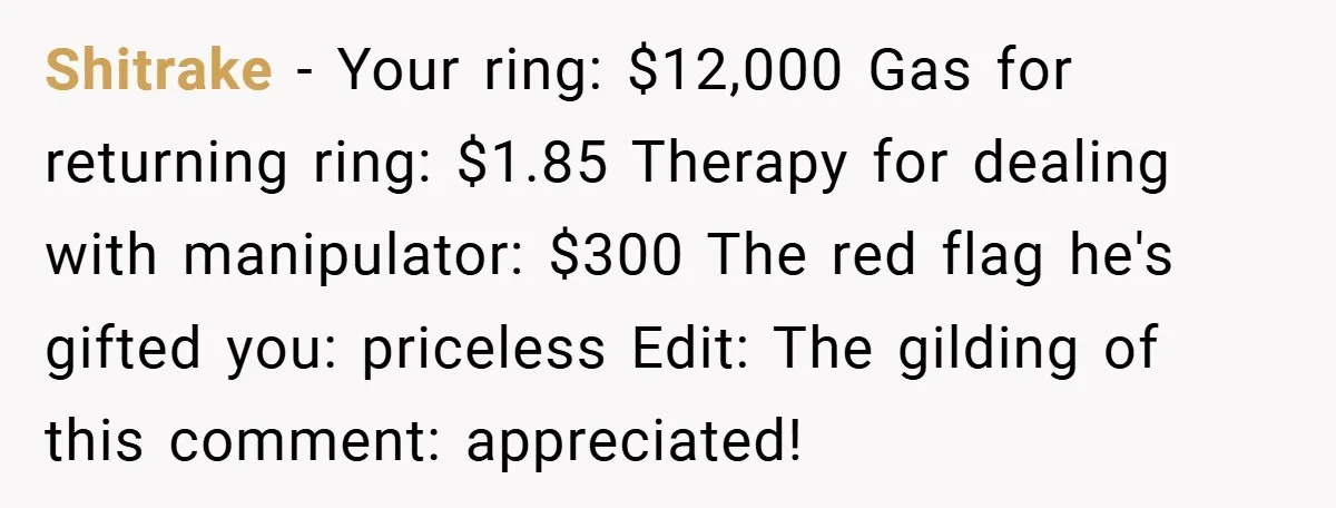 Shitrake − Your ring: $12,000 Gas for returning ring: $1.85 Therapy for dealing with manipulator: $300 The red flag he's gifted you: priceless Edit: The gilding of this comment: appreciated!