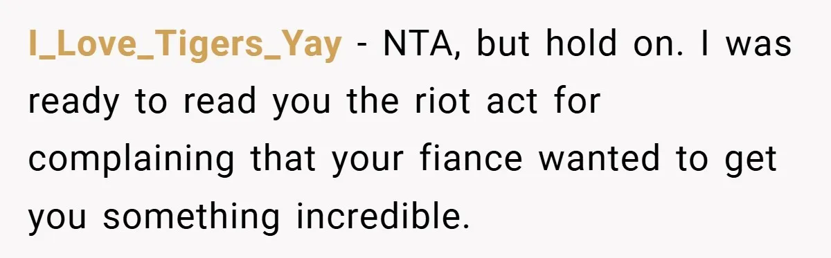I_Love_Tigers_Yay − NTA, but hold on. I was ready to read you the riot act for complaining that your fiance wanted to get you something incredible.