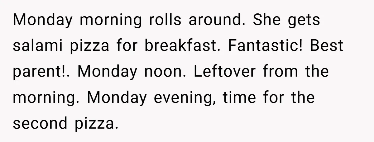 Monday morning rolls around. She gets salami pizza for breakfast. Fantastic! Best parent!. Monday noon. Leftover from the morning. Monday evening, time for the second pizza.