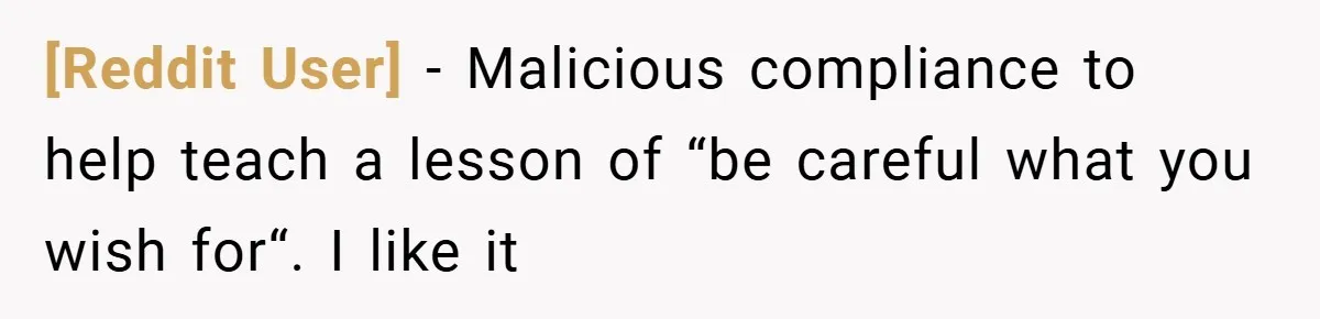 [Reddit User] − Malicious compliance to help teach a lesson of “be careful what you wish for“. I like it