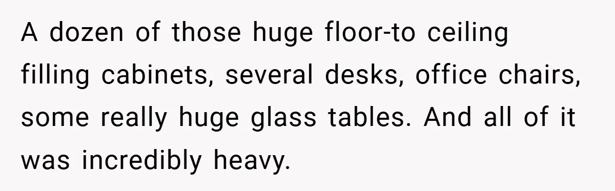 A dozen of those huge floor-to ceiling filling cabinets, several desks, office chairs, some really huge glass tables. And all of it was incredibly heavy.