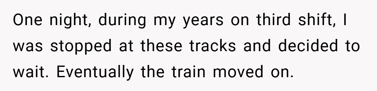 One night, during my years on third shift, I was stopped at these tracks and decided to wait. Eventually the train moved on.