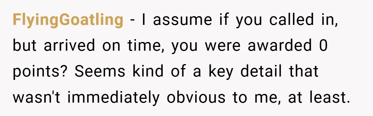 FlyingGoatling − I assume if you called in, but arrived on time, you were awarded 0 points? Seems kind of a key detail that wasn't immediately obvious to me, at...