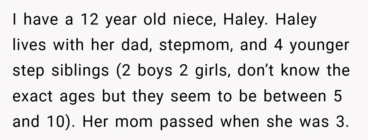 I have a 12 year old niece, Haley. Haley lives with her dad, stepmom, and 4 younger step siblings (2 boys 2 girls, don’t know the exact ages but they...