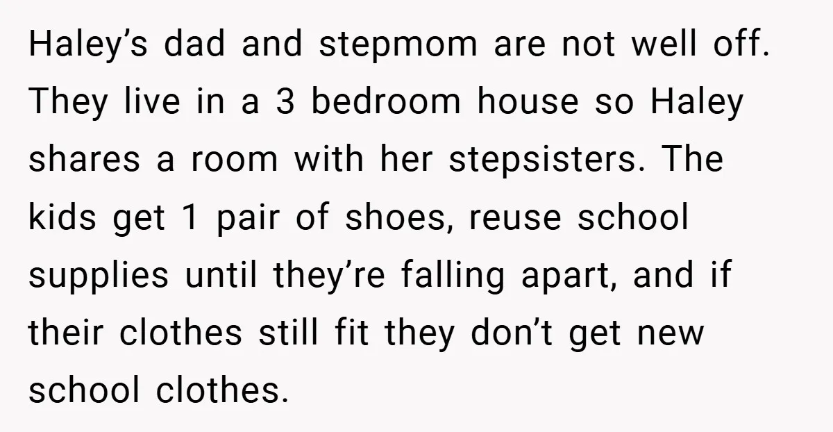 Haley’s dad and stepmom are not well off. They live in a 3 bedroom house so Haley shares a room with her stepsisters. The kids get 1 pair of shoes,...