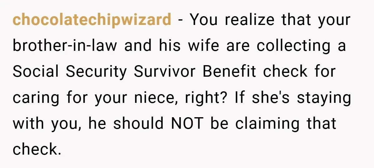 chocolatechipwizard − You realize that your brother-in-law and his wife are collecting a Social Security Survivor Benefit check for caring for your niece, right? If she's staying with you, he...