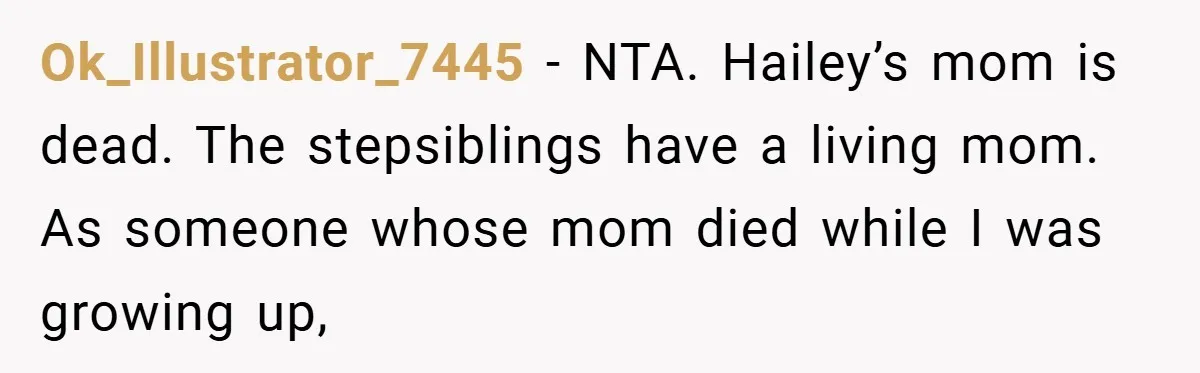 Ok_Illustrator_7445 − NTA. Hailey’s mom is dead. The stepsiblings have a living mom. As someone whose mom died while I was growing up,