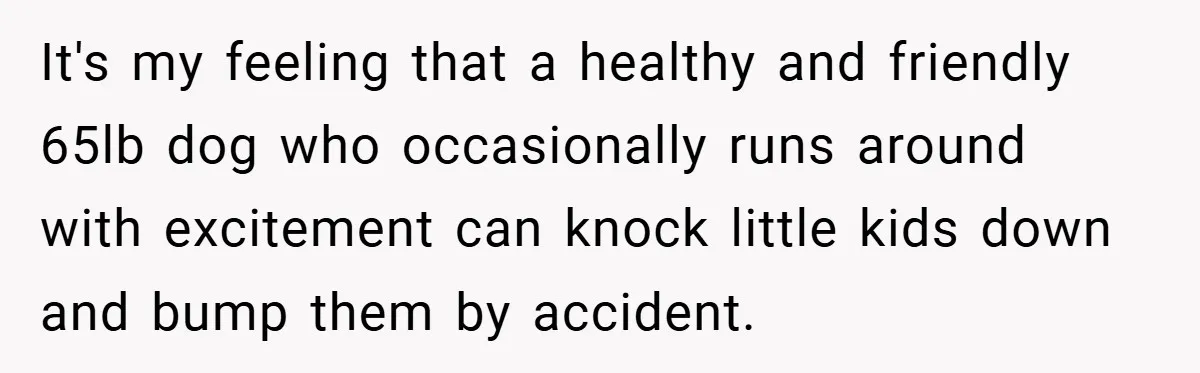 It's my feeling that a healthy and friendly 65lb dog who occasionally runs around with excitement can knock little kids down and bump them by accident.