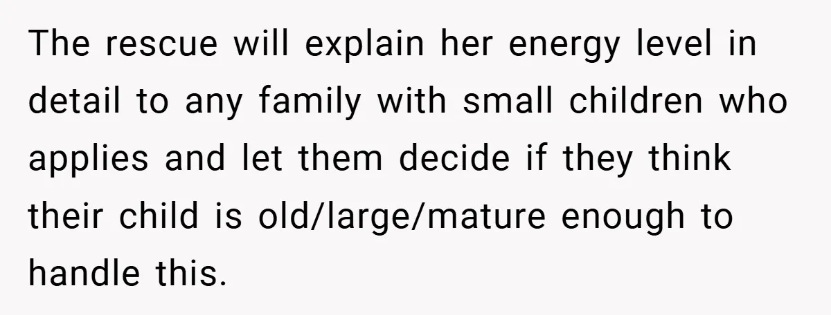 The rescue will explain her energy level in detail to any family with small children who applies and let them decide if they think their child is old/large/mature enough to...