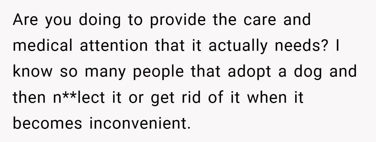Are you doing to provide the care and medical attention that it actually needs? I know so many people that adopt a dog and then n**lect it or get rid...
