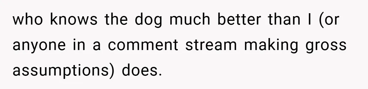 who knows the dog much better than I (or anyone in a comment stream making gross assumptions) does.