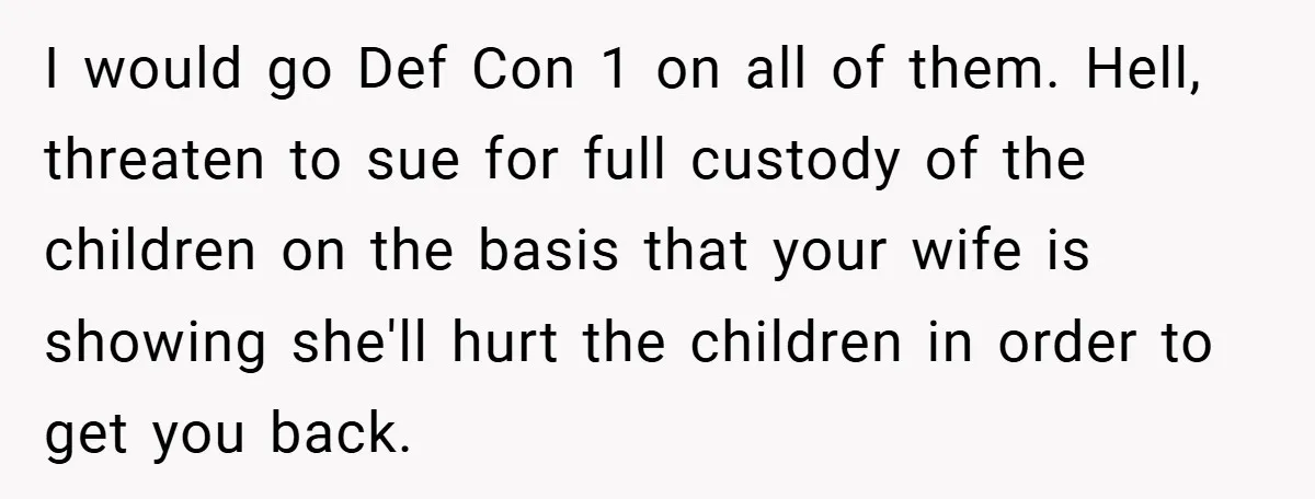 I would go Def Con 1 on all of them. Hell, threaten to sue for full custody of the children on the basis that your wife is showing she'll hurt...