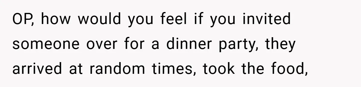 OP, how would you feel if you invited someone over for a dinner party, they arrived at random times, took the food,