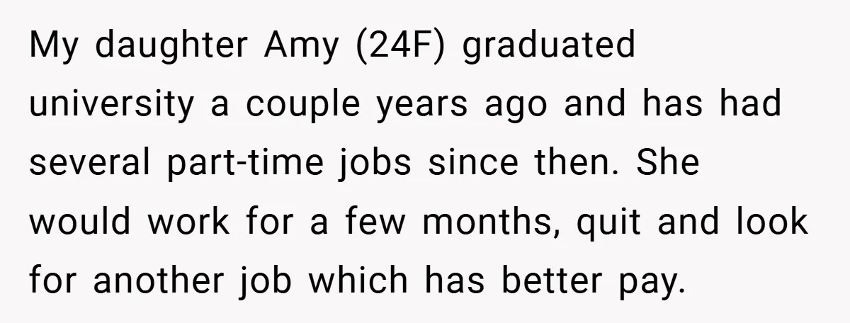 My daughter Amy (24F) graduated university a couple years ago and has had several part-time jobs since then. She would work for a few months, quit and look for another...