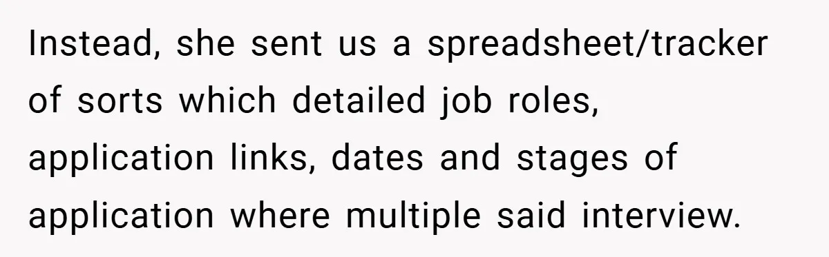 Instead, she sent us a spreadsheet/tracker of sorts which detailed job roles, application links, dates and stages of application where multiple said interview.