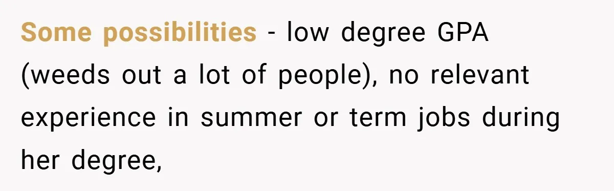 Some possibilities - low degree GPA (weeds out a lot of people), no relevant experience in summer or term jobs during her degree,