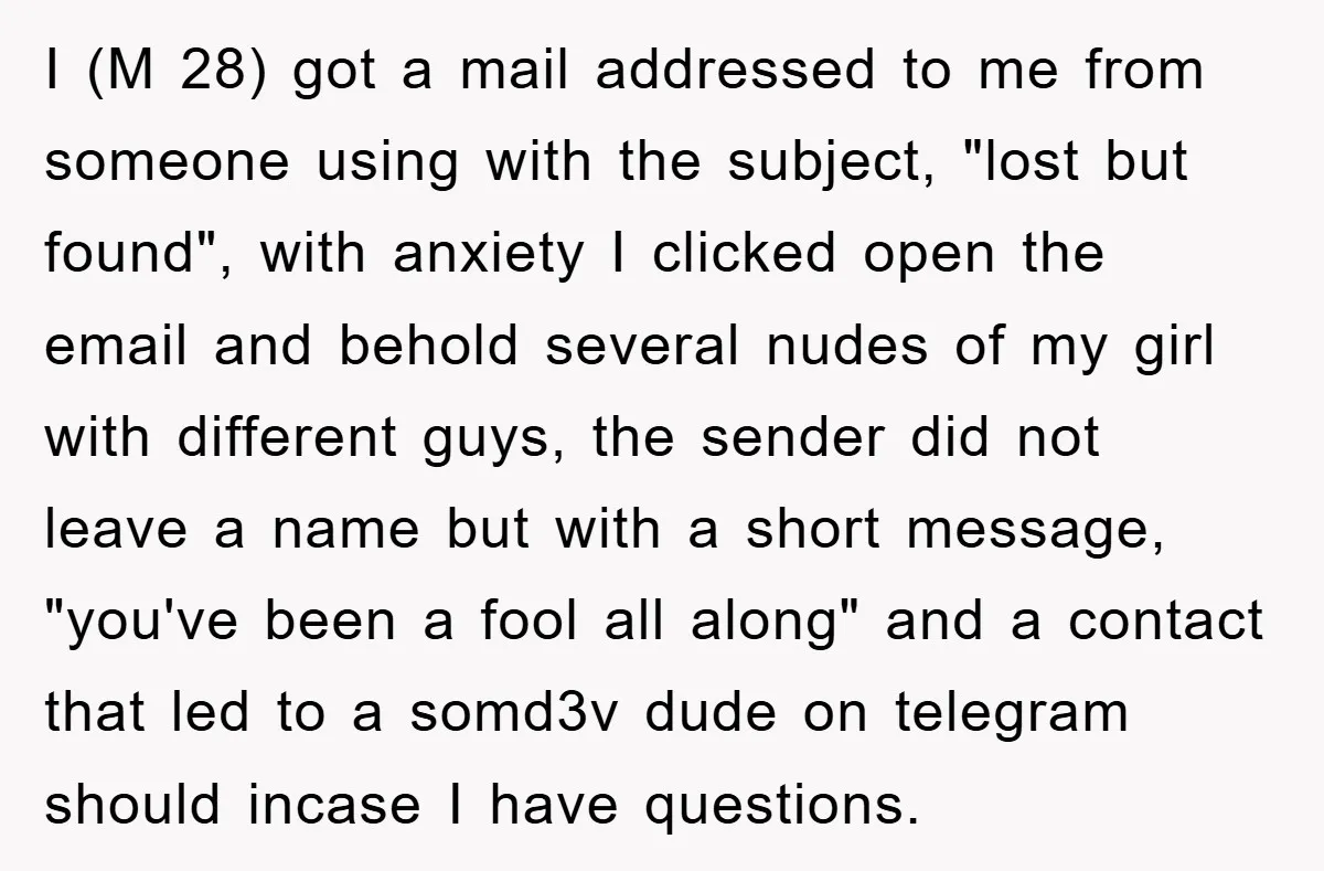 I (M 28) got a mail addressed to me from someone using with the subject, "lost but found", with anxiety I clicked open the email and behold several nudes of...