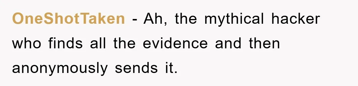 OneShotTaken − Ah, the mythical hacker who finds all the evidence and then anonymously sends it.