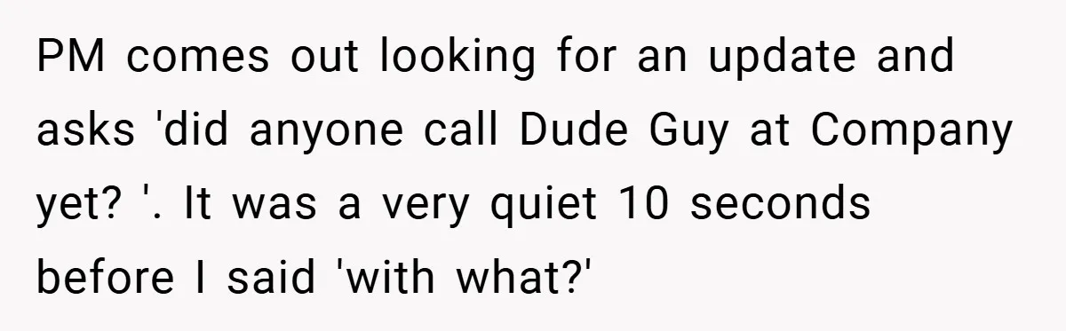 PM comes out looking for an update and asks 'did anyone call Dude Guy at Company yet? '. It was a very quiet 10 seconds before I said 'with what?'