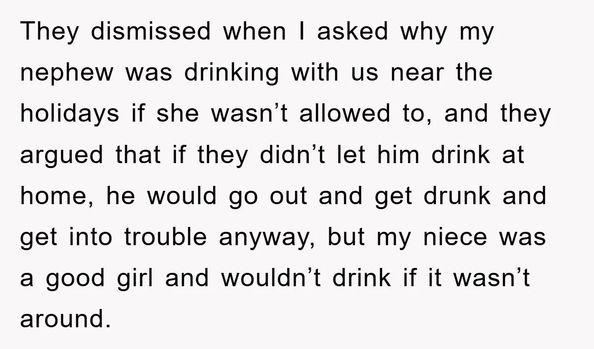 They dismissed when I asked why my nephew was drinking with us near the holidays if she wasn’t allowed to, and they argued that if they didn’t let him drink...