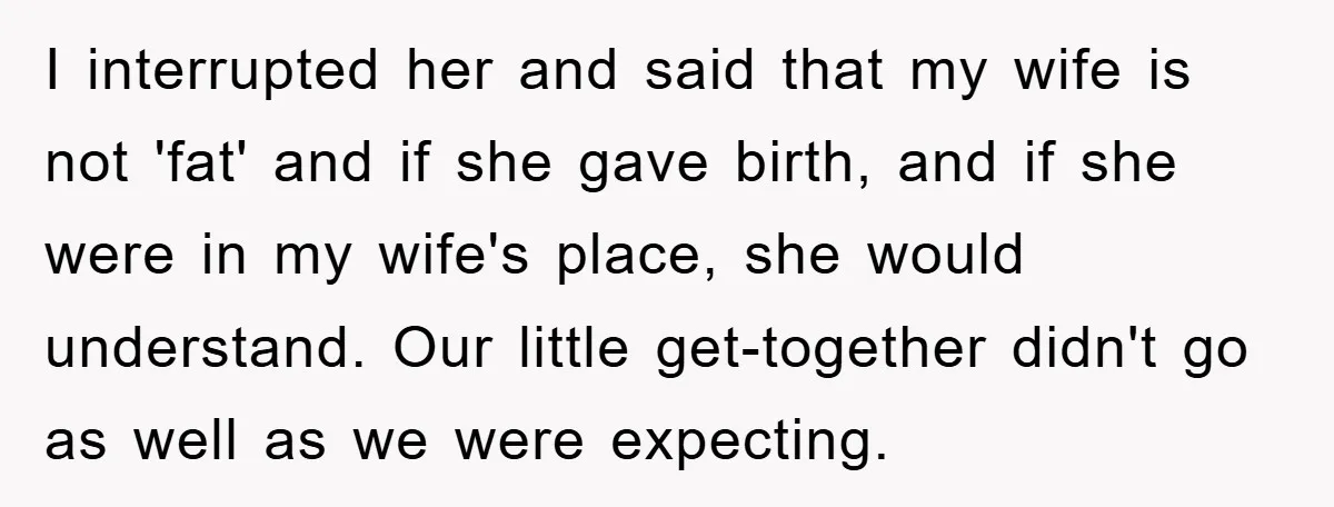 I interrupted her and said that my wife is not 'fat' and if she gave birth, and if she were in my wife's place, she would understand. Our little get-together...