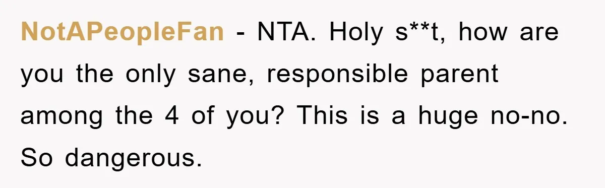 NotAPeopleFan − NTA. Holy s**t, how are you the only sane, responsible parent among the 4 of you? This is a huge no-no. So dangerous.