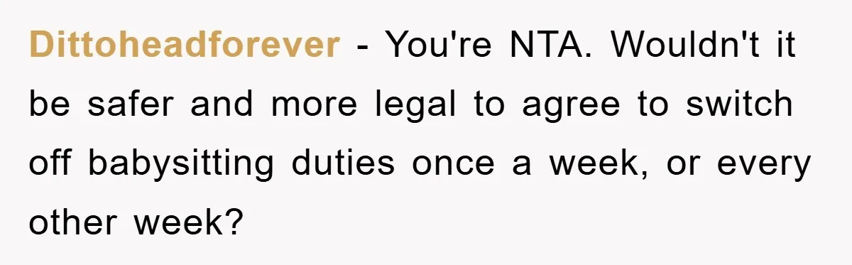 Dittoheadforever − You're NTA. Wouldn't it be safer and more legal to agree to switch off babysitting duties once a week, or every other week?